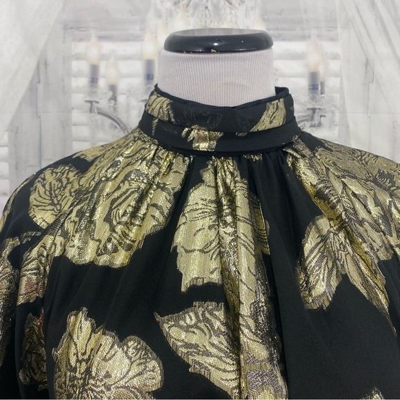 Alex Marie Black Gold Mock Neck Puff Sleeve Midi Dress Belted Pockets Cocktail - Picture 6 of 16